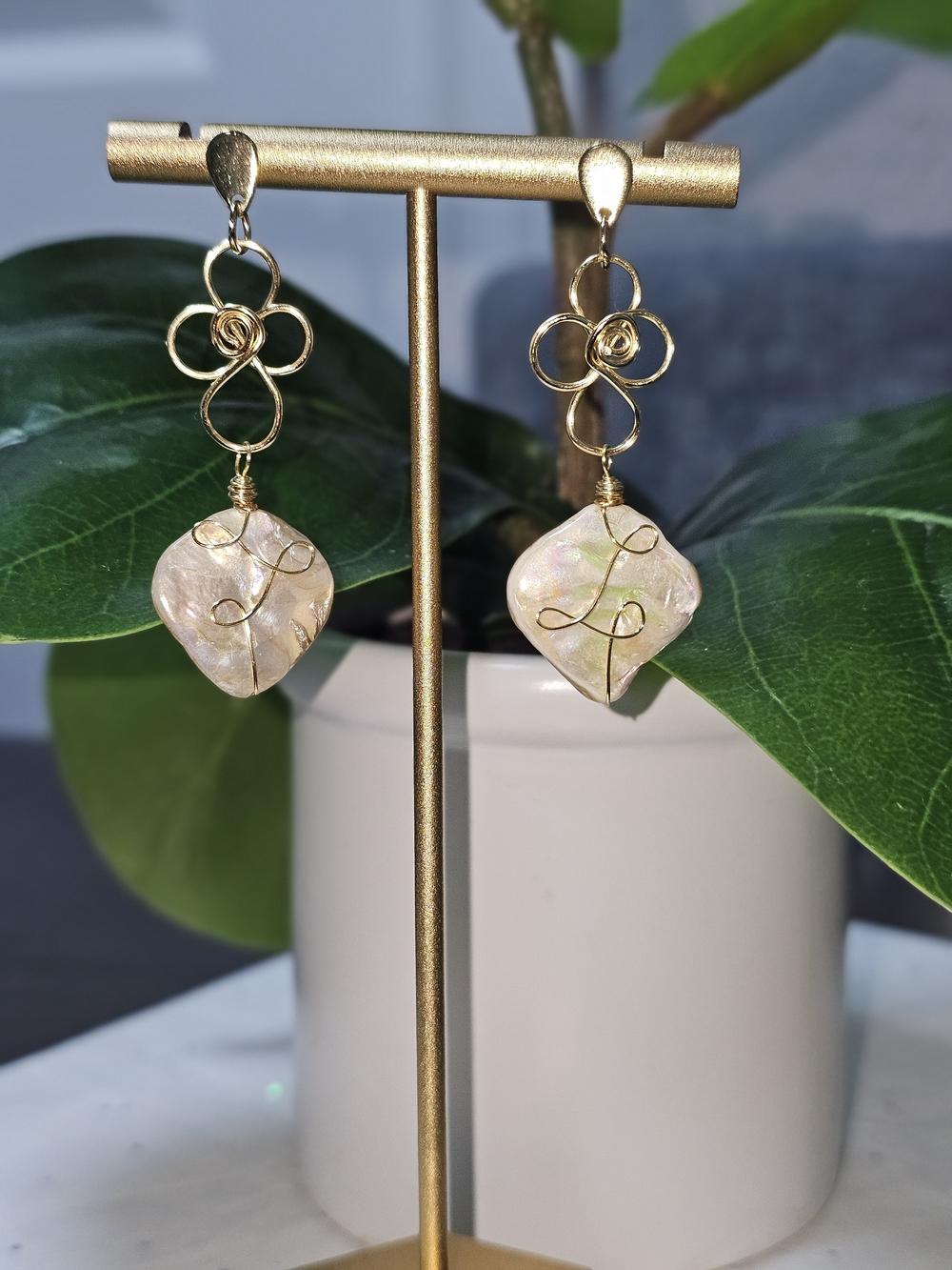 Gold Wire Floral Drop Earrings with Iridescent Pearl Squares